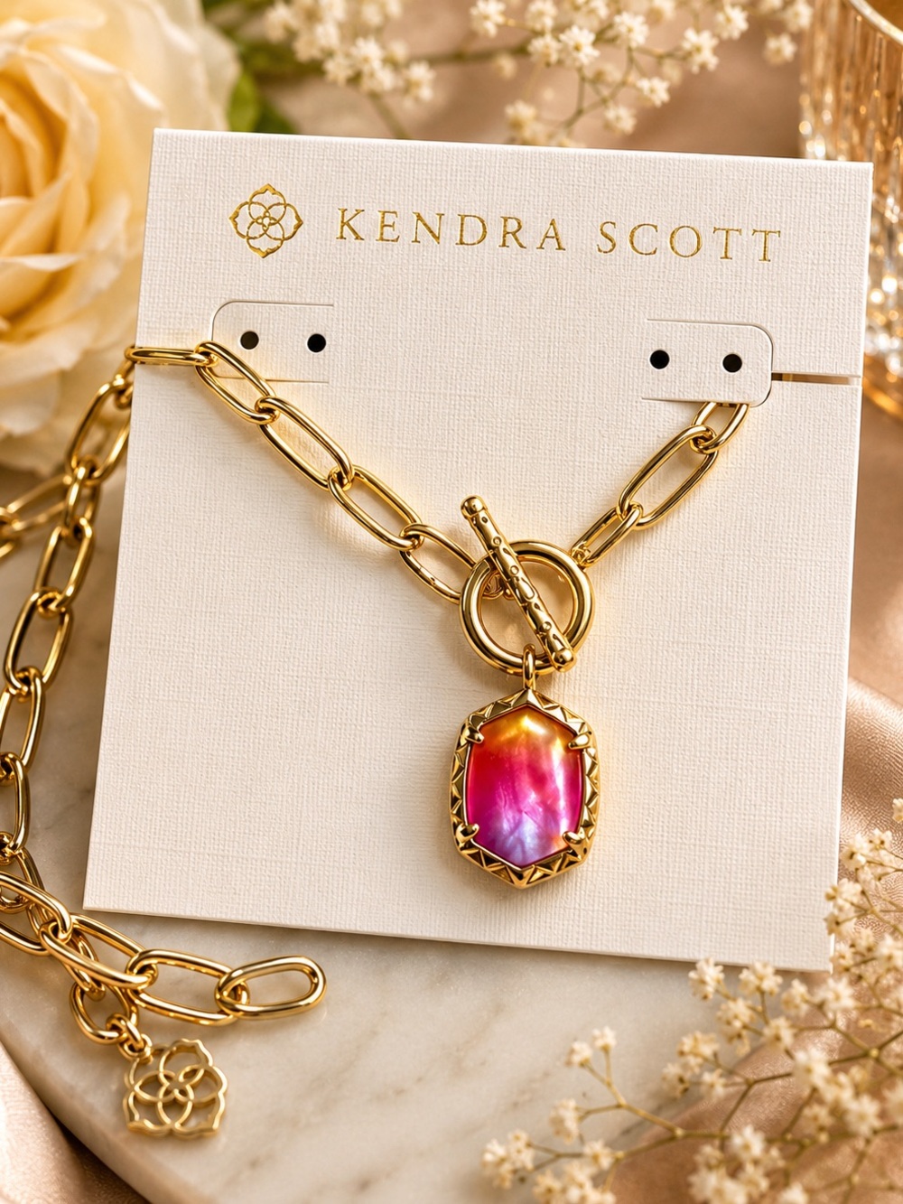 Kendra Scott Gold CONVERTIBLE Necklace with Pink-to-Orange Ombre Pendant